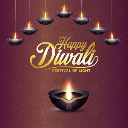 Happy diwali indian festival celebration greeting card with creative vector diya on backgroundのイラスト素材