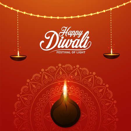 Happy diwali festival of light vector illustration with diya oil lampのイラスト素材