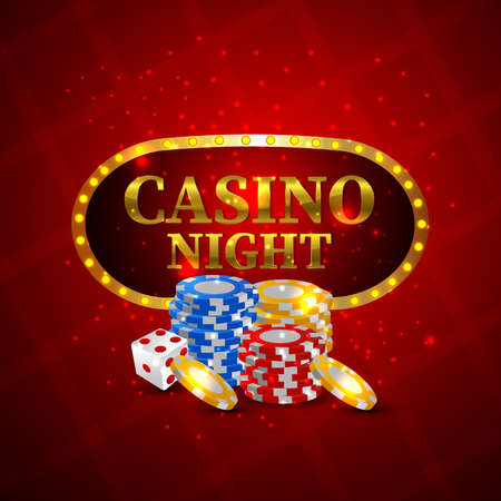 Casino gambling game with gold coin, chips and dice on red backgroundのイラスト素材