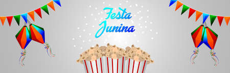 Festa junina invitation banner or header with creative popcorn bucket and colorful party flag