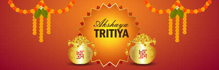Akshaya tritiya celebration jewellery sale banner with creative gold coin kalashのイラスト素材