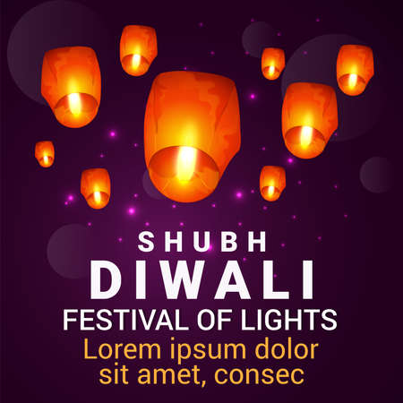 Shubh diwali celebration card with realistic diwali lamp on purple backgroundのイラスト素材