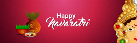 Happy navratri indian festival celebration banner with vector illustration of Goddess Durga and kalashのイラスト素材