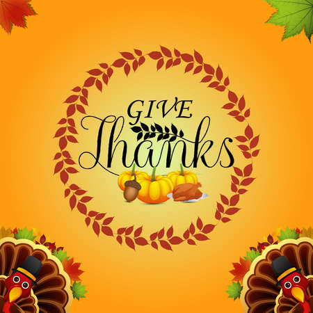 Thanksgiving day background with vector turkey bird and autumn leafのイラスト素材
