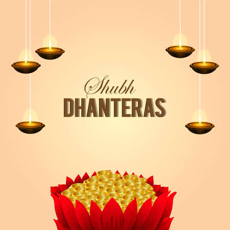 Shubh dhanteras celebration greeting card with lotus flower and gold coinのイラスト素材