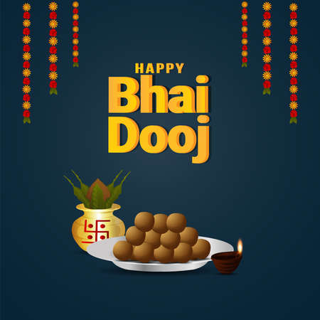 Happy bhai dooj celebration greeting card with golden kalash and sweet plateのイラスト素材