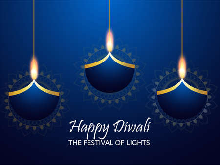 Happy diwali festival of india with paper diya on blue background