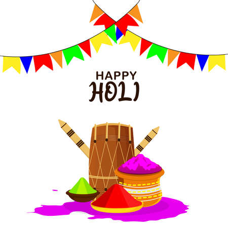 Happy holi flat design concept with color mud pot with drum and color gunのイラスト素材