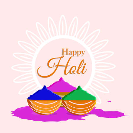 Happy holi celebration background with realistic bucket and colorful color bowlのイラスト素材