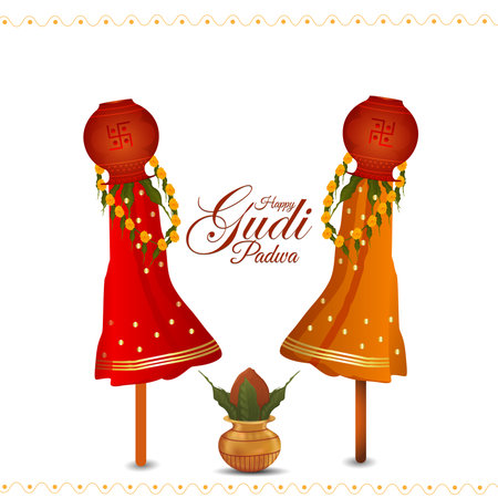 ]Happy gudi padwa holiday festival celebration greeting cardのイラスト素材