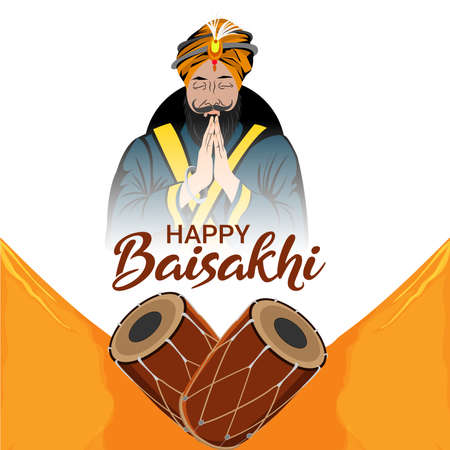 Realistic illustration of happy vaisakhi background with dhol and sikh flagのイラスト素材