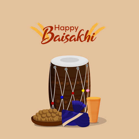 Vaisakhi flat greeting card and template with illustration and drumのイラスト素材
