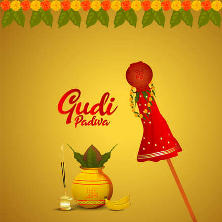]Happy gudi padwa holiday festival celebration greeting cardのイラスト素材