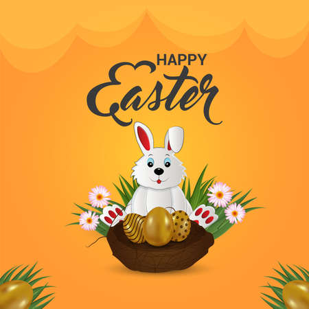 Happy easter greeting card with cute easter bunny and eggsのイラスト素材