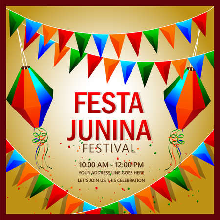 Festa junina invitation banner with colorful party flag and paper lanternのイラスト素材