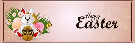 Happy easter greeting card with cute easter bunny and eggs