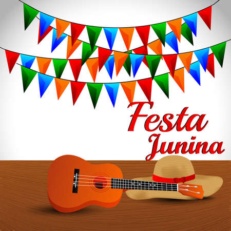 Festa junina invitation greeting card with creative vector illustration with paper lantern and guitarのイラスト素材