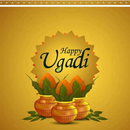 Happy ugadi illustration with golden kalash and garland flowerのイラスト素材