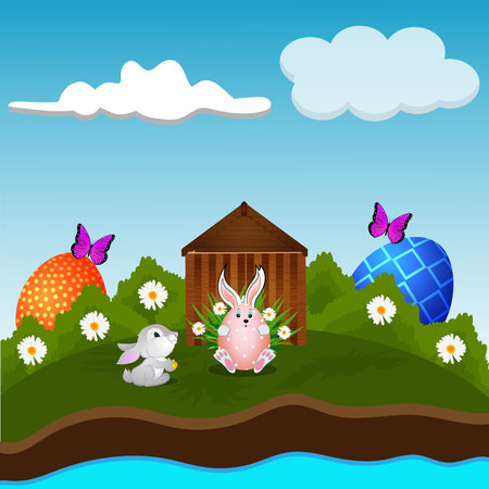 Happy easter greeting card with cute easter bunny and eggsのイラスト素材