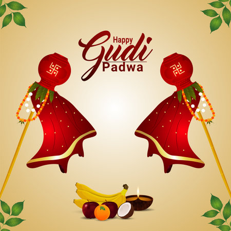 Happy gudi padwa greeting card with realistic kalash and sweetsのイラスト素材