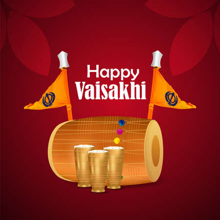 Vaisakhi flat greeting card and template with illustration and drum