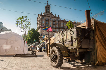 KIEV, UKRAINE - May 12, 2014: Ukrainian revolution. Euromaidan. Mobile kitchen near barricades on the Maidan Nezalezhnosti on 12 MAY 2014 in KIEV,UKRAINEのeditorial素材