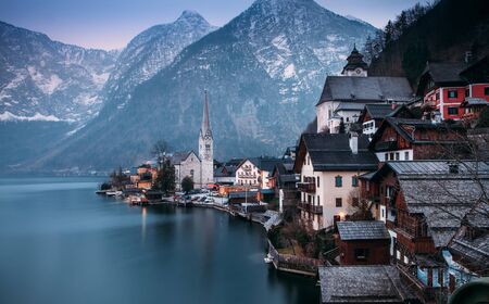 Austrian Hallstatt at the spring eveningの写真素材