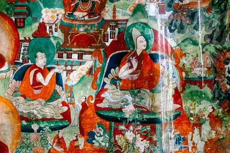 Thiksey village in Ladakh, India - AUGUST 20: Fresco with Buddha life history on wall in Thiksey Monastery on August 20, 2016 in Thiksey village in Ladakh, India.のeditorial素材