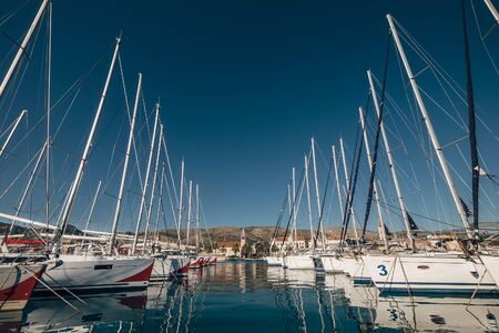 Yachts in the bay docks at Trogir town, Dalmatia, Croatiaの写真素材