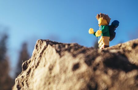 ?ilina, Slovakia - December 30, 2016: Outdoor shot of "Hiker" LEGO minifigure on the top of mountain on December 30, 2016 in ?ilina, Slovakia.のeditorial素材
