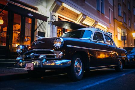 Prague, Czech Republic - May 7, 2017: An old renovated vintage car on the Prague street in Prague, Czech Republicのeditorial素材