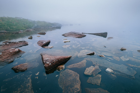 Foggy Mountain lake : Pleso nad Skokom , Slovakia.の写真素材