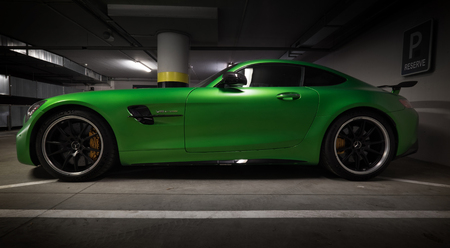 Zilina, Slovak Republik / Slovakia - November 09 , 2017: Native green colour Mercedes-AMG GT R Coupe standing at underground parking in Zilina, Slovakiaのeditorial素材
