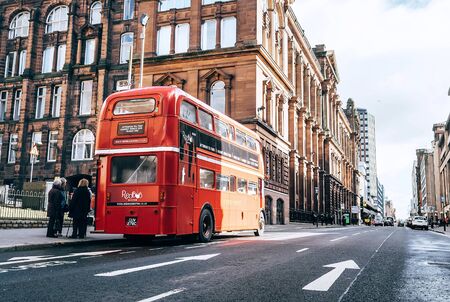 Glasgow, Scotland, UK â€“ March 9, 2018:  : Famous London red bus as a Cafe Bus on the city...