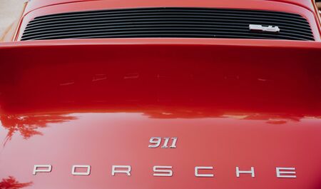 Zilina,  - Slovak Republic, August 4, 2018: A close up image of the red vintage Porsche 911 coupe...