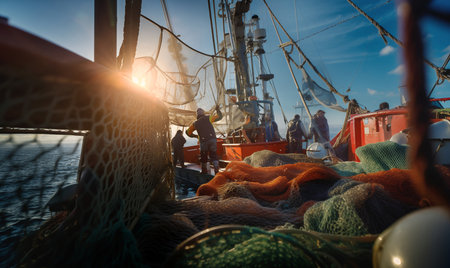 Tired fishermen team working on a trawler boat in the open sea during the evening sunset hours, using wet fishing nets, ropes, and winches. Fishing and angling industry concept image.の素材