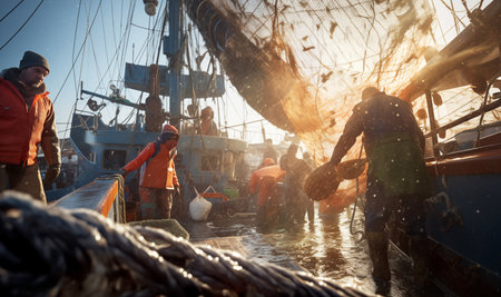 Tired fishermen team working on a trawler boat in the open sea during the evening sunset hours, using wet fishing nets, ropes, and winches. Fishing and angling industry concept image.の素材