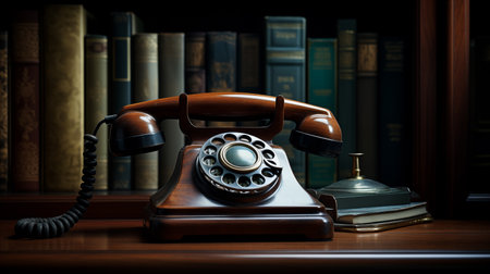 Old school bakelite retro vintage style wired phone on the luxury red wood bookshelf library. Immortal classic and communications concept image.の素材