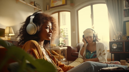 Black young woman with curly beautiful hairstyle enjoying classical music sound using quality headphones while sitting in comfortable living room couch with her girlfriend.の素材