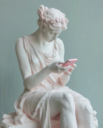 Antique Greece era marble statue young Nymph girl sitting and browsing big pink case smartphone comic image. Modern technology connected with antique ages and art items concept.の素材