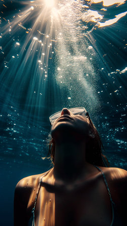Young woman Freediver in bikini snorkeling with mask wide angle portrait shot while girl swimming up on sea surface level with incredible sunbeams flares. Extreme active people concept.の素材