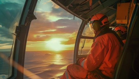 Inside helicopter photo of oil offshore drill platform worker dressed orange uniform flying to station. Petroleum and gas extract and process exploration industry concept wide-angle image.の素材