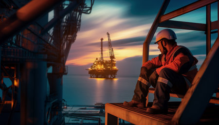 Tired oil offshore drill platform worker dressed orange uniform after hard work day resting at late evening with beautiful sunset. Petroleum and gas extract and process exploration industry concept.の素材