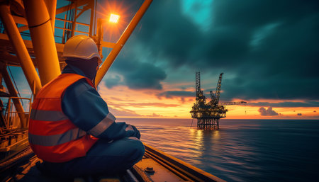 Tired oil offshore drill platform worker dressed orange uniform after hard work day resting at late evening with beautiful sunset. Petroleum and gas extract and process exploration industry concept.の素材