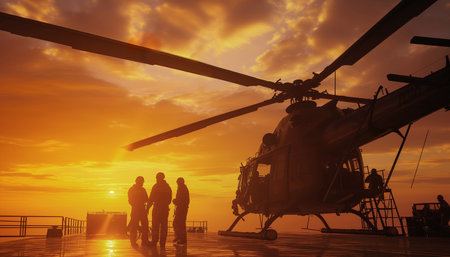 Beautiful sunset photo of a aircraft servise team military soldiers silhouettes next to helicopter with wide propeller blades on navy aircraft carrier deck. Modern military technology concept image.の素材