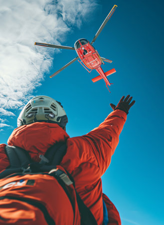 Climber greetings Medical Rescue helicopter landing in high altitude Himalayas mountains during mount expedition climbing. Travel, active people, safety and Traveling insurance concept wide angle.の素材