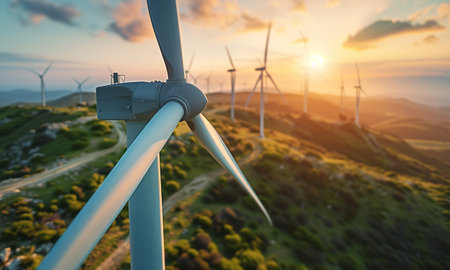 Close-up photo of Wind generators spinning in morning foggy mountain rural area with beautiful sunset time background. Green or clean energy industrial concept.の素材