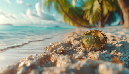Gold Bitcoin coin in white tropical uninhabited island sand buried on the ocean blue lagoon beach. Modern crypto currency world, finance markets, traveling and investments concept image.の素材