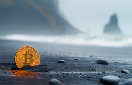 Gold Bitcoin coin in black uninhabited island sand buried on the ocean moody lagoon beach with rocky cliffs. Modern crypto currency world, finance markets, traveling and investments concept image.の素材