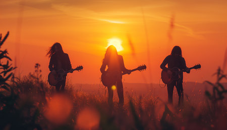 Three acoustic guitar players trio rock band long hair musicians silhouettes while video clip filming during sunset golden hours time by high grass mountain hill. Mental freedom, live music concept.の素材